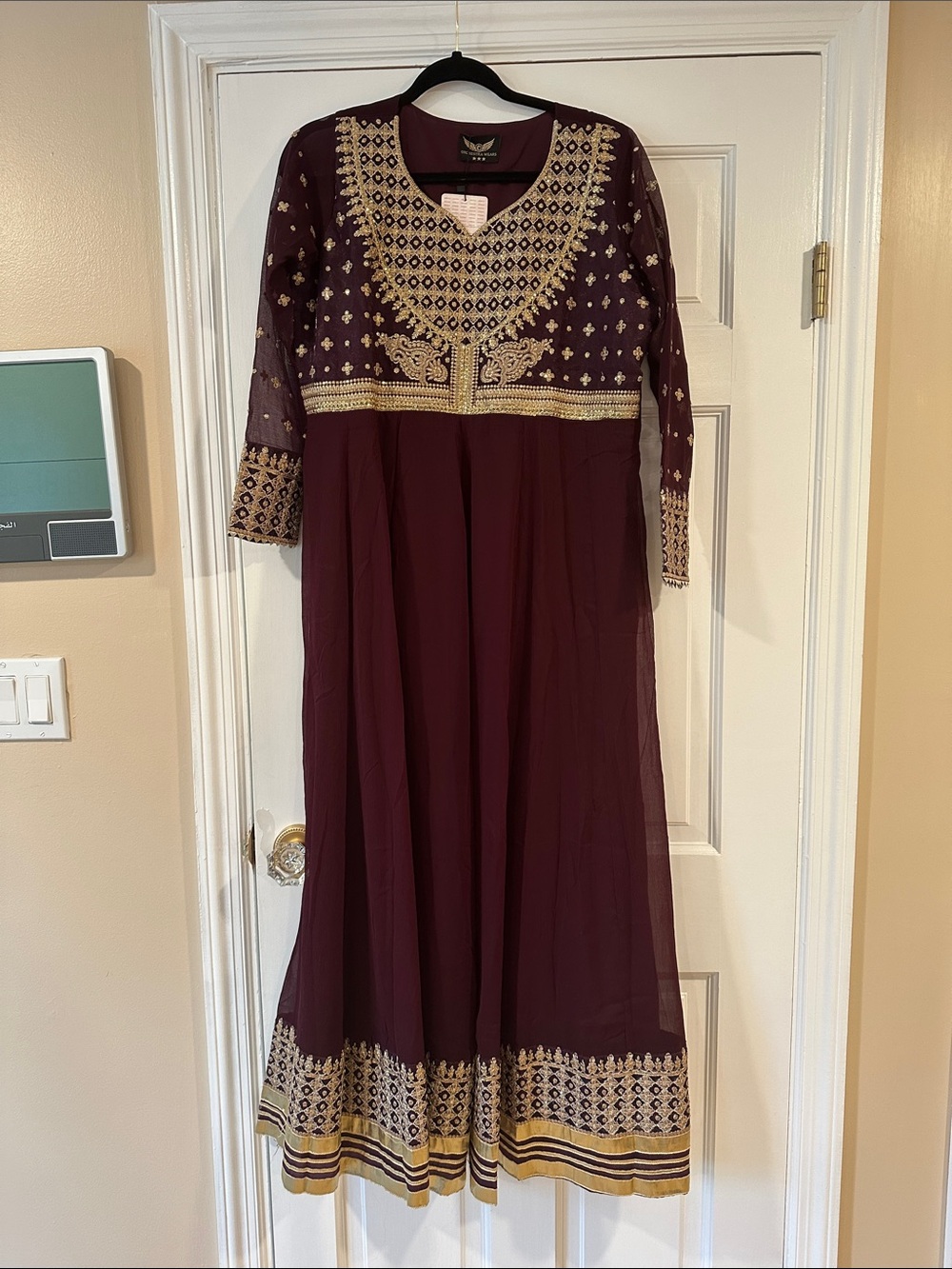 Purple Long Sleeve Embroidered Anarkali Dress with Gold Detail